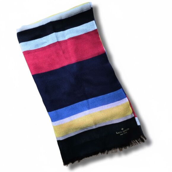 Kate Spade Wool Multi-Color Block Stripe Lightweight Long Scarf Designer Chic - Picture 5 of 8